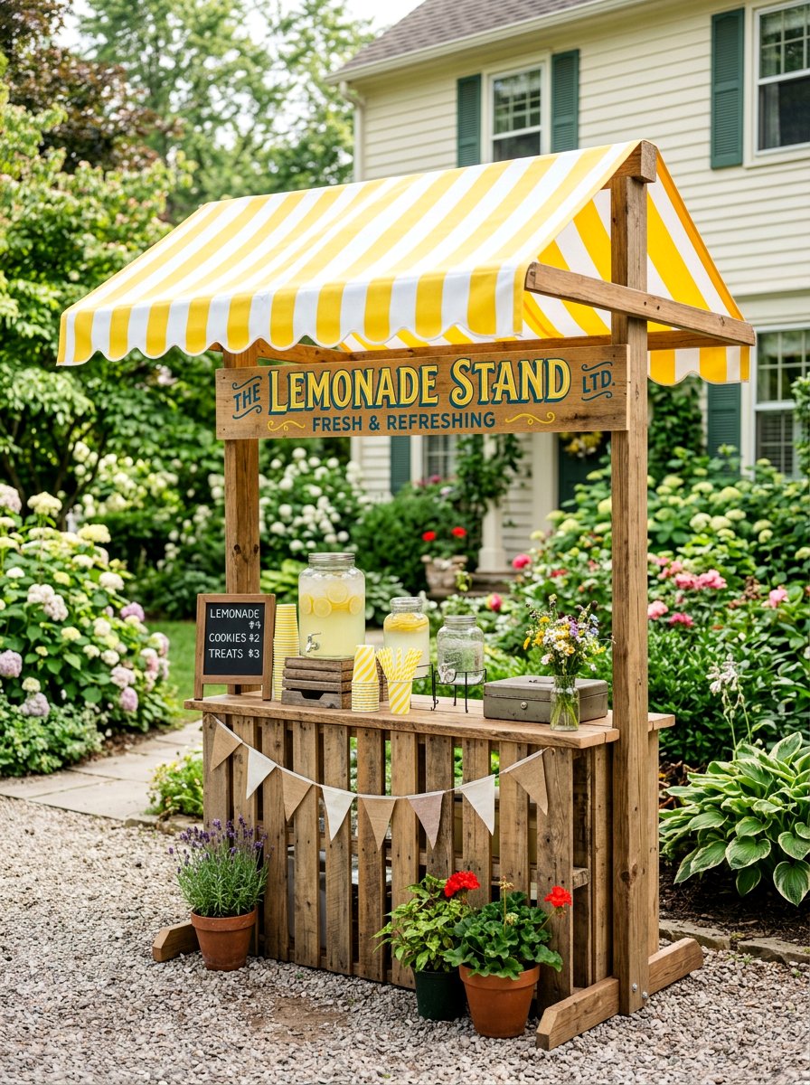 Pallet Stand With Striped Awning - 25 Pallet Lemonade Stand Ideas