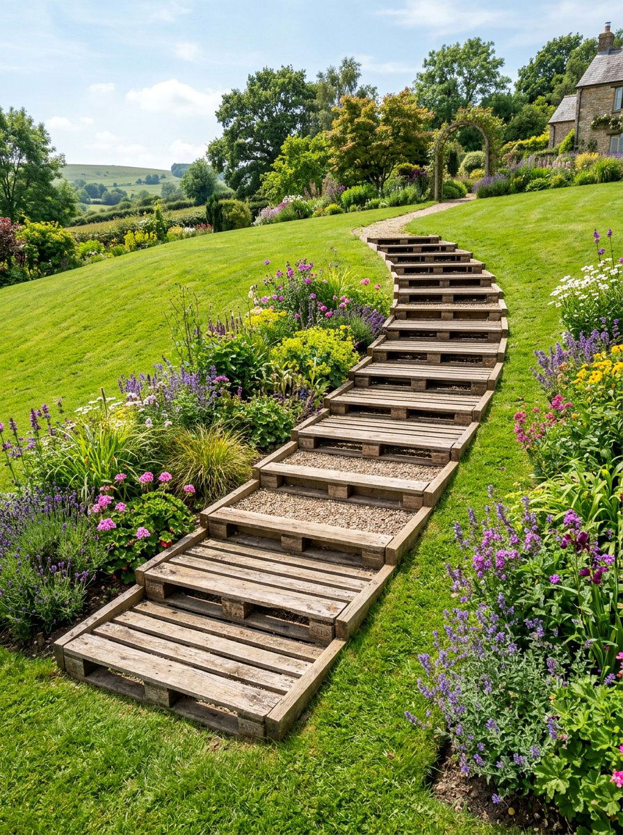 Pallet Steps For Sloping Lawn - 25 Pallet Staircase for Garden Ideas