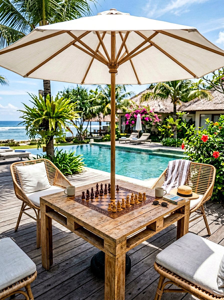 Pallet Table With Built In Umbrella Hole - 25 Pallet Outdoor Chess Table Ideas