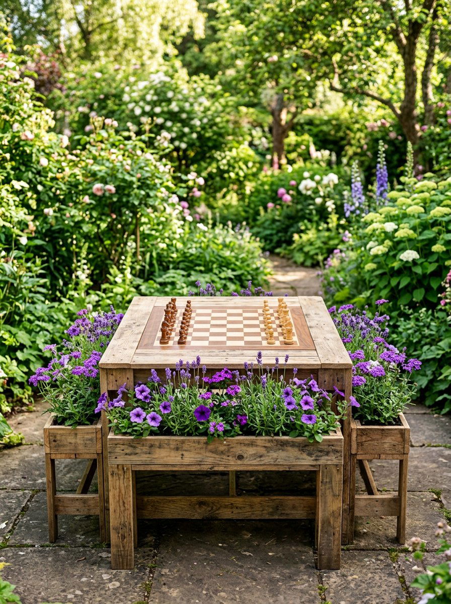 Pallet Table With Integrated Plant Boxes - 25 Pallet Outdoor Chess Table Ideas