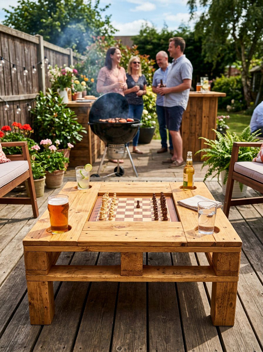 Pallet Table With Recessed Cup Holders - 25 Pallet Outdoor Chess Table Ideas