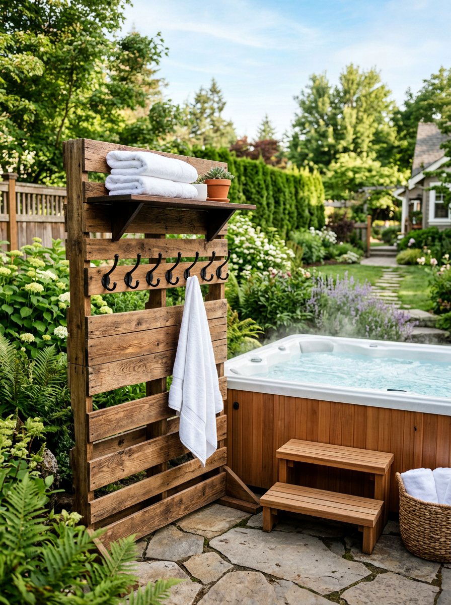 Pallet Towel Rack Station - 25 Pallet Hot Tub Surround Ideas