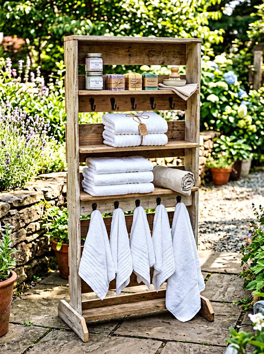 Pallet Towel Rack - 25 Pallet Outdoor Shower Ideas