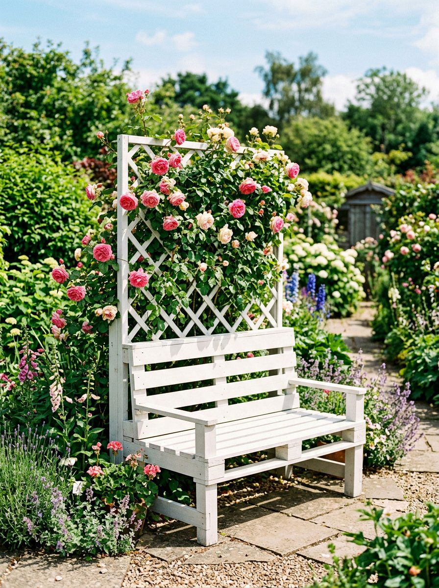 Pallet Trellis Bench For Flowers - 50 Outdoor Pallet Furniture Ideas