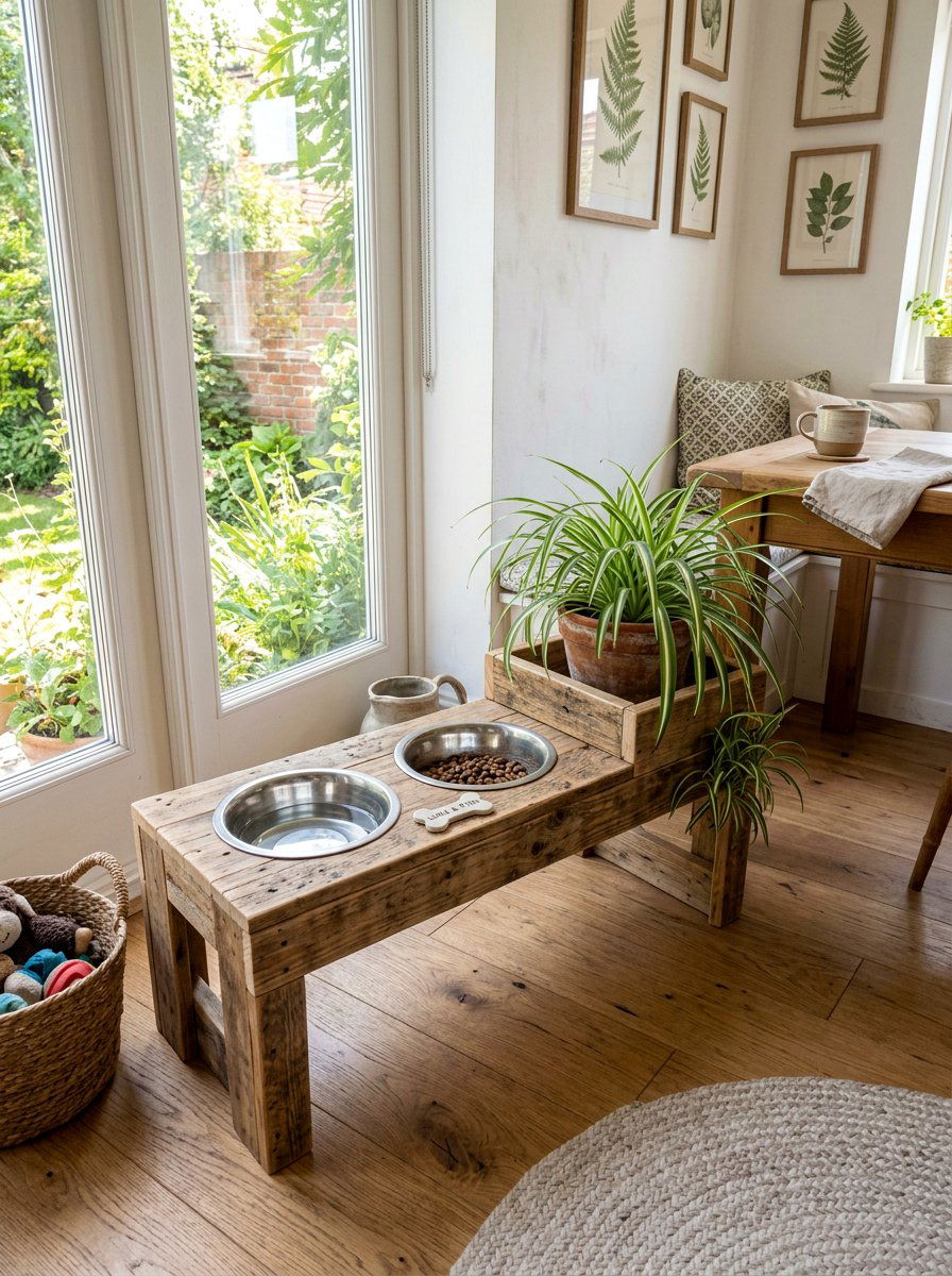 Pallet Wood Dog Bowl Stand With Plant Holder - 25 Pallet Pet Feeding Station Ideas
