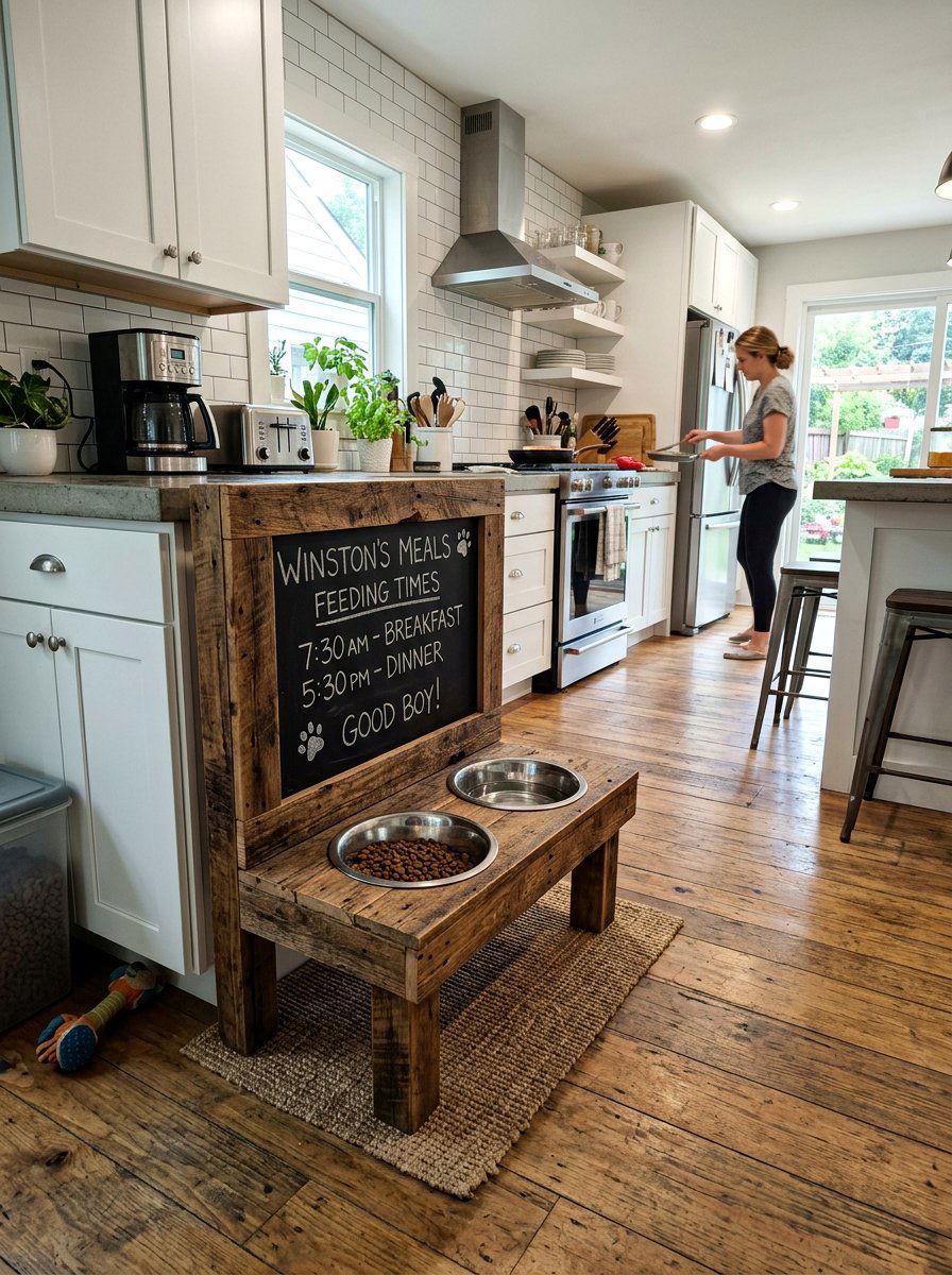 Pallet Wood Dog Feeder With Chalkboard - 25 Pallet Pet Feeding Station Ideas