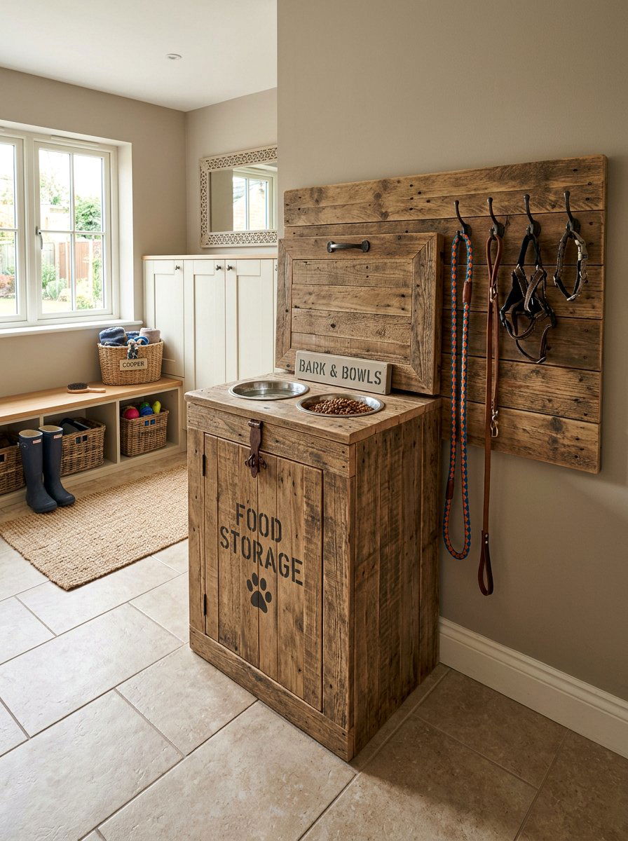 Pallet Wood Dog Food Station With Storage - 25 Pallet Pet Feeding Station Ideas