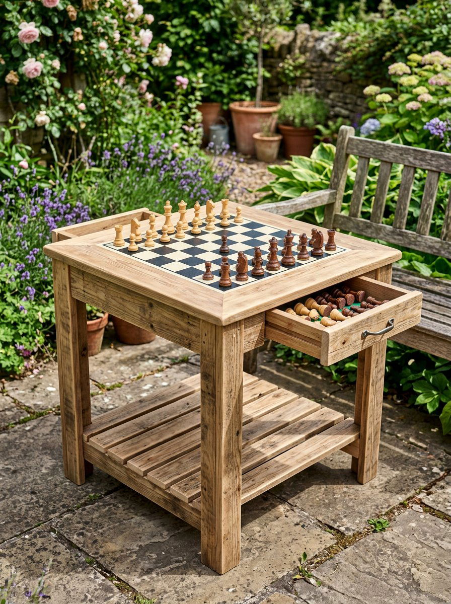 Pallet Wood Outdoor Chess Table With Storage - 25 Pallet Outdoor Chess Table Ideas