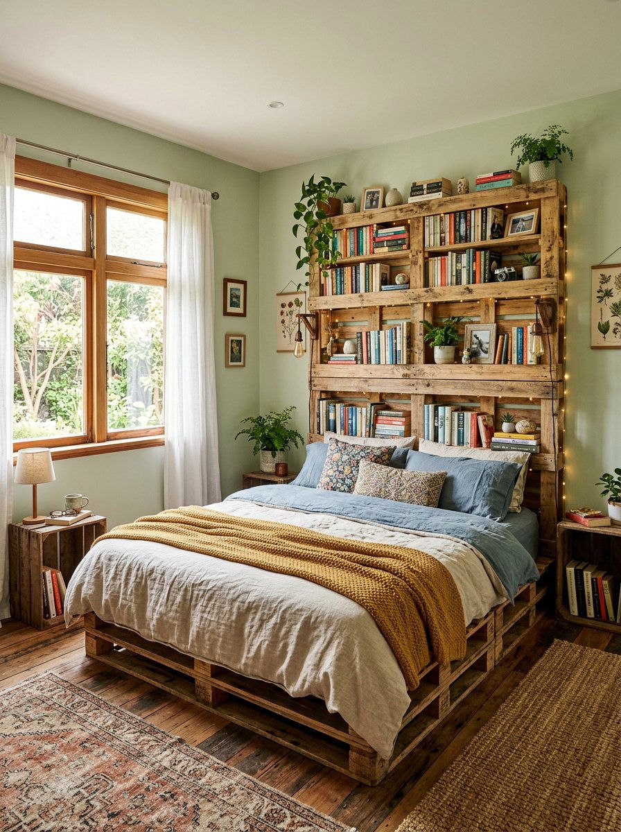 Pallet bed bookshelf headboard storage - 25 Pallet storage bed frame ideas