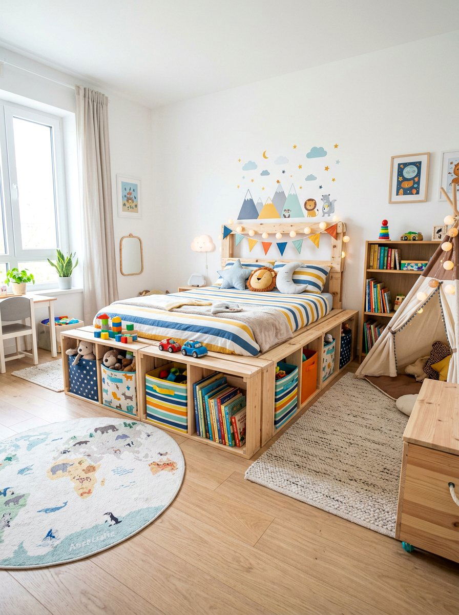 Pallet bed cubbies - 25 Pallet bed ideas with built-in storage