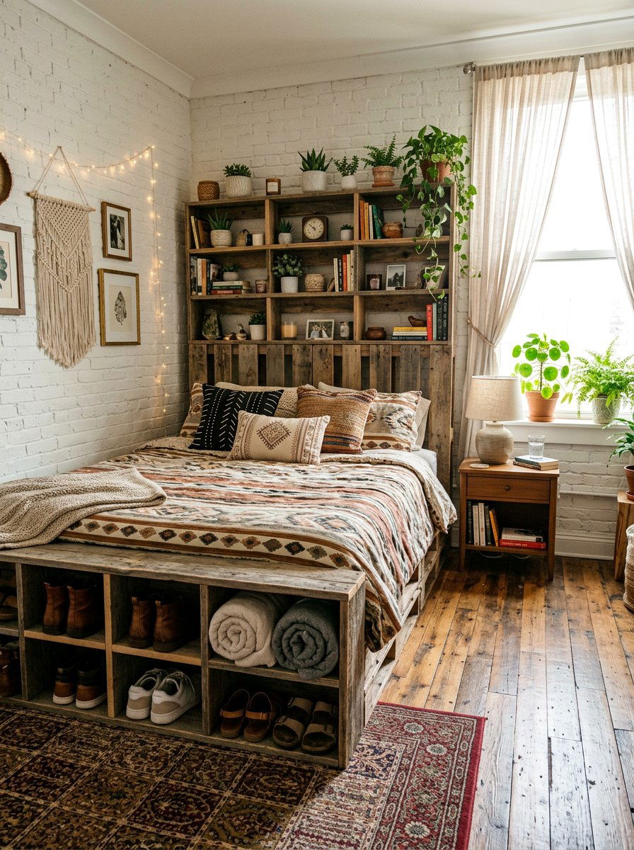 Pallet bed frame with shelving - 25 Pallet storage bed frame ideas