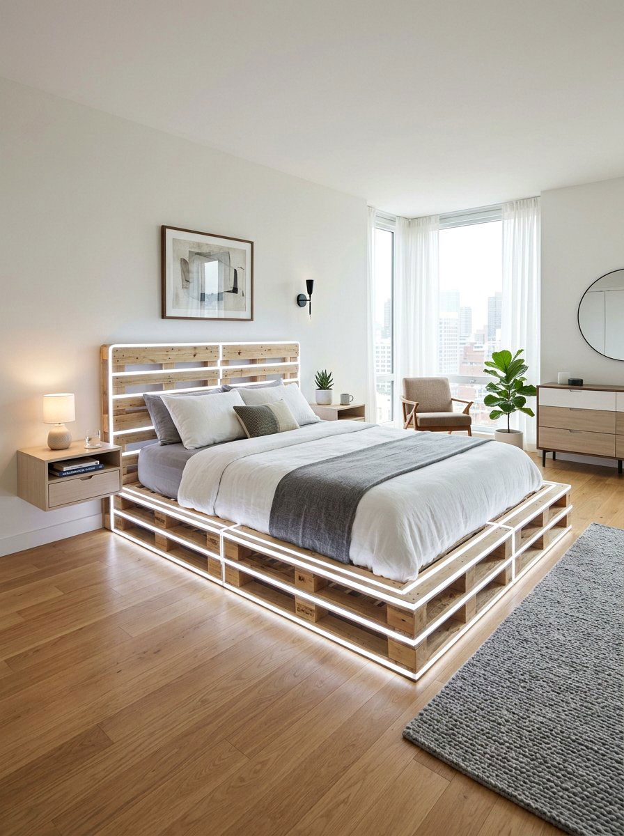 Pallet bed led tape - 25 Lighted pallet bed frame ideas