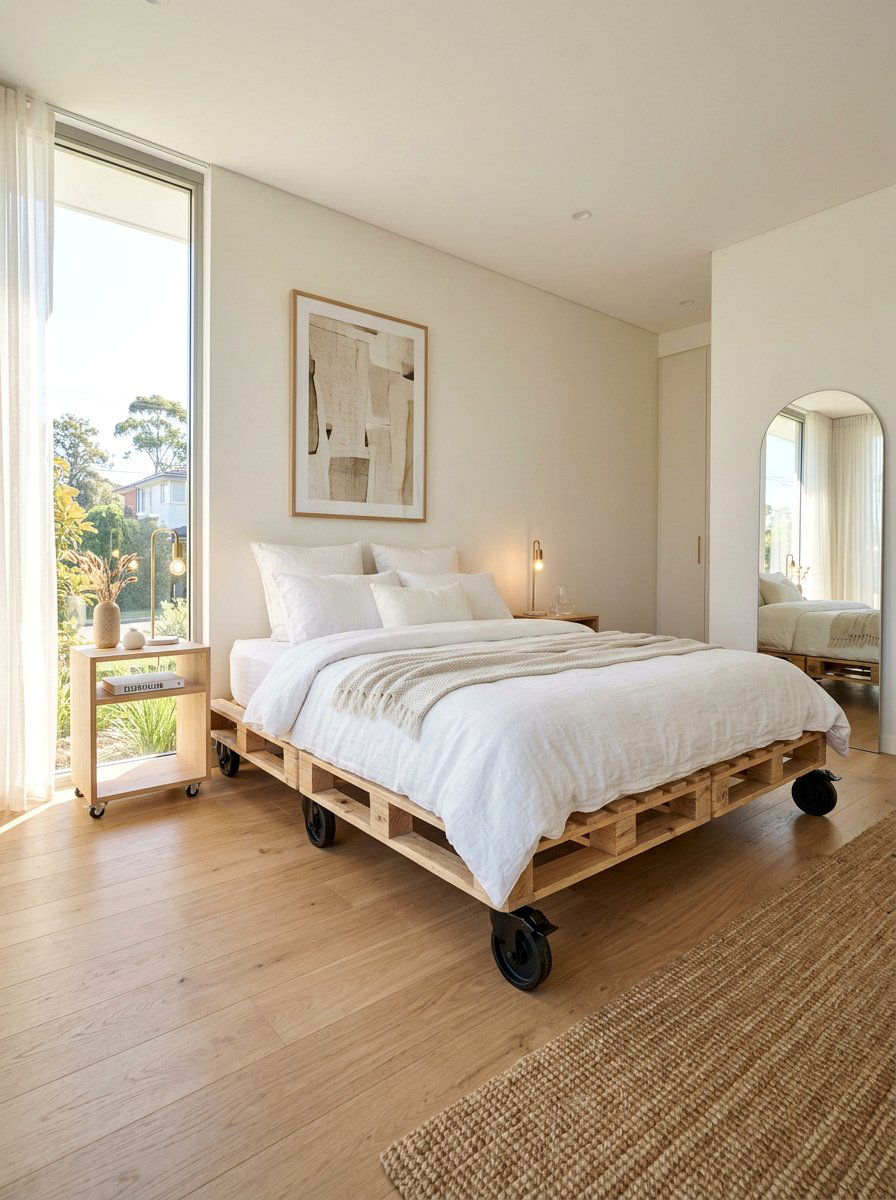Pallet bed on wheels casters - 25 Pallet bed ideas for master bedroom