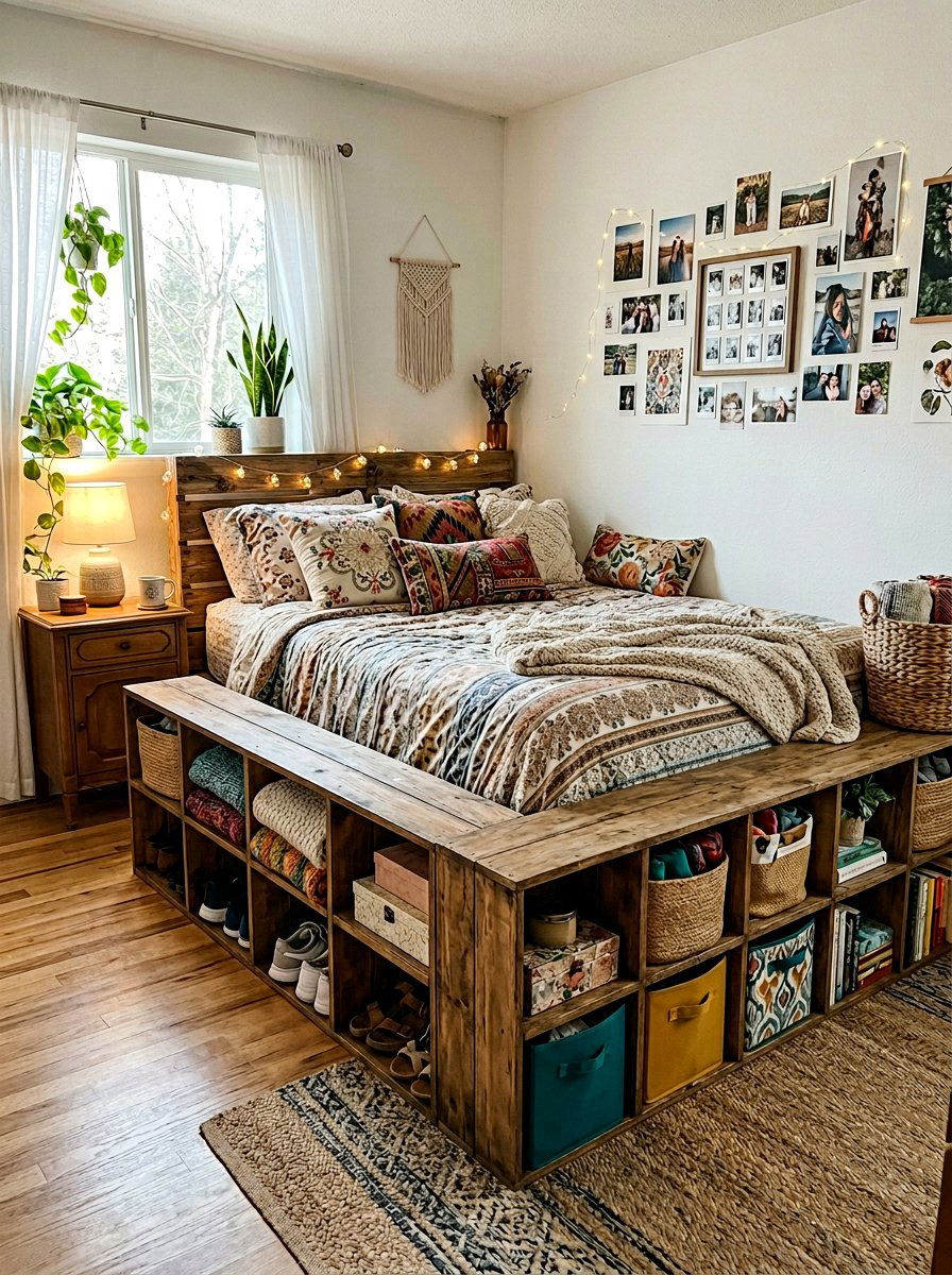 Pallet bed storage cubbies - 25 Pallet storage bed frame ideas