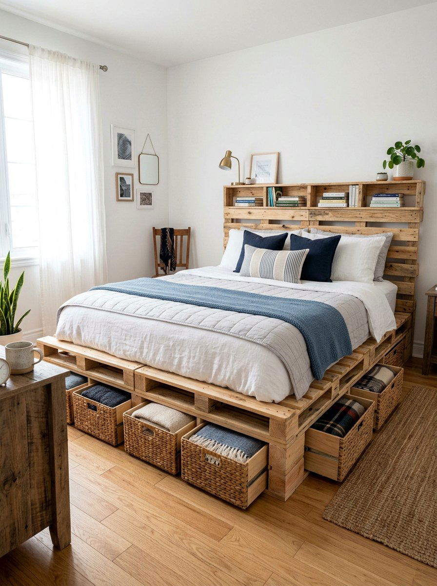 Pallet bed storage - 25 Double pallet bed ideas