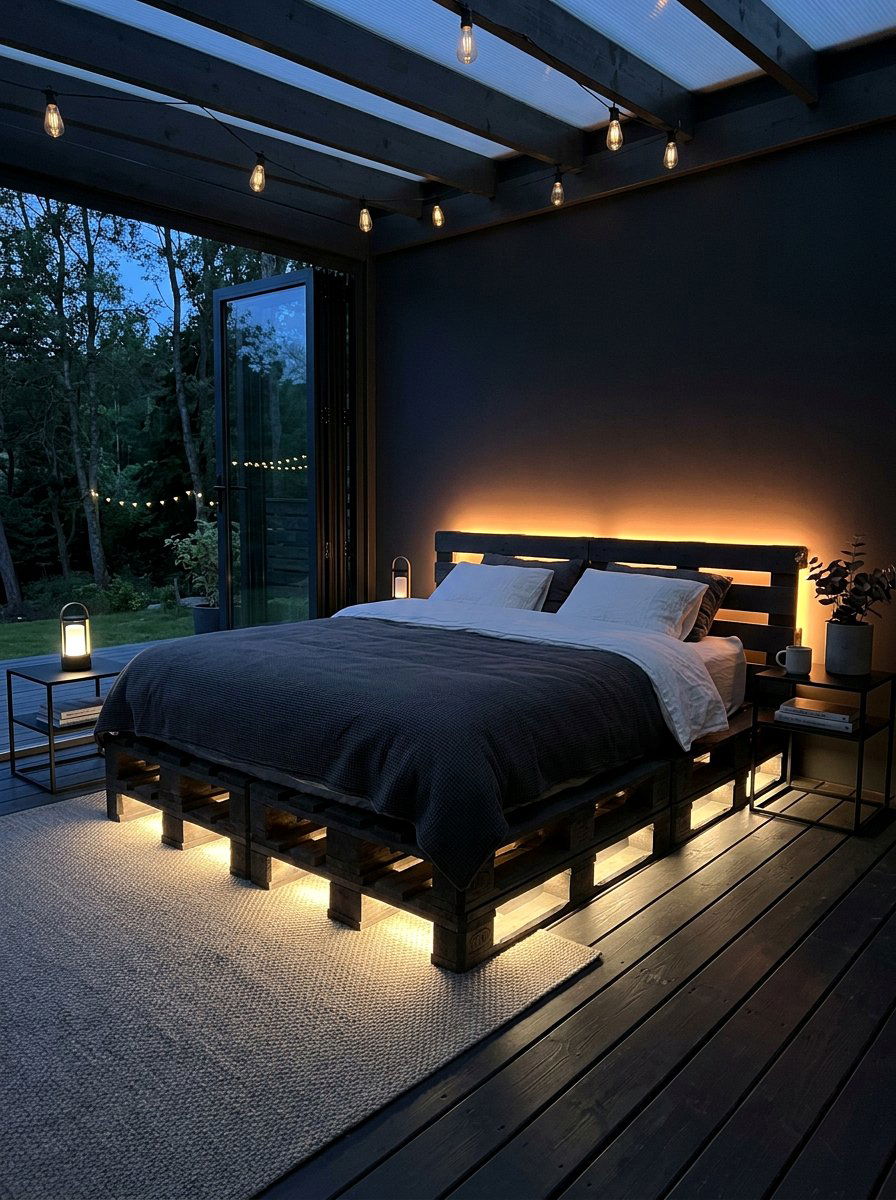 Pallet bed with LED lights - 25 Queen size pallet bed ideas