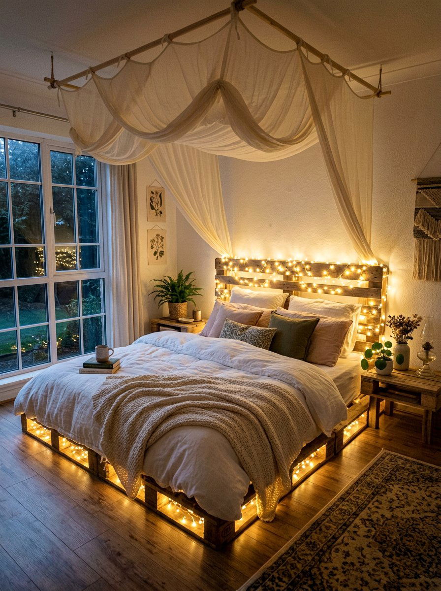 Pallet bed with LED string lights - 25 Pallet bed ideas for master bedroom