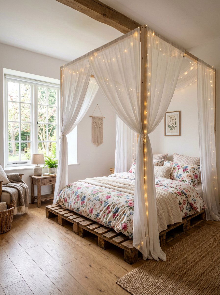 Pallet bed with canopy - 25 Double pallet bed ideas