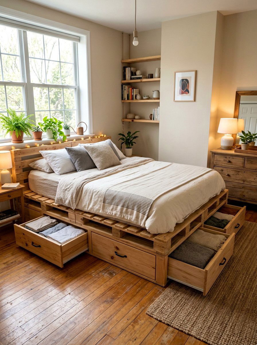 Pallet bed with drawers - 25 Full size pallet bed ideas
