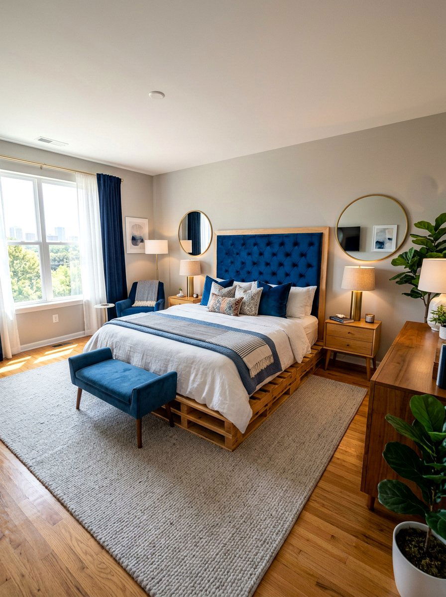 Pallet bed with fabric padded headboard - 25 Pallet bed ideas for master bedroom