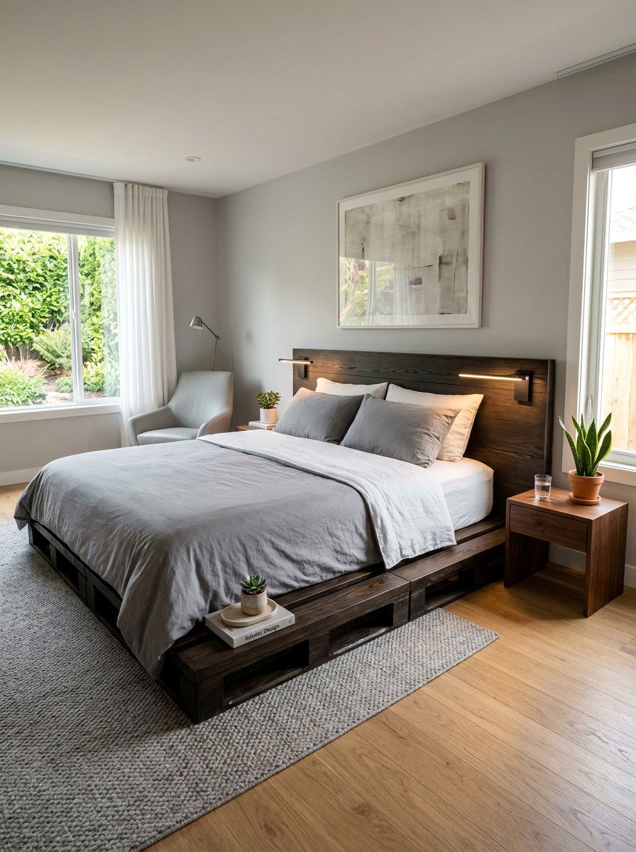 Pallet bed with integrated bedside lamps - 25 Pallet bed ideas for master bedroom