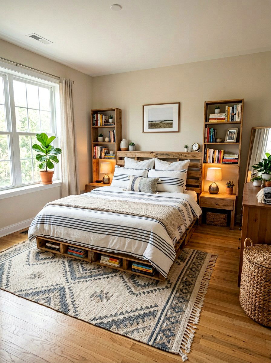 Pallet bed with integrated nightstands bookshelves - 25 Pallet bed ideas for master bedroom