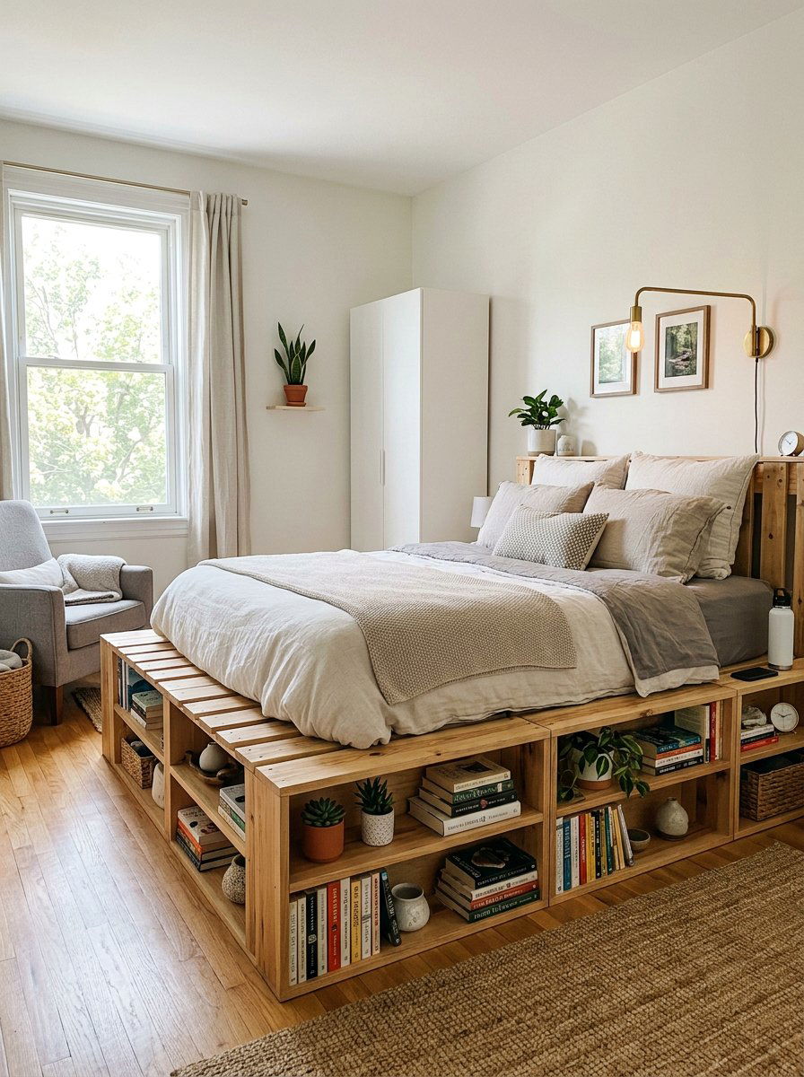 Pallet bed with integrated shelving - 25 Queen size pallet bed ideas