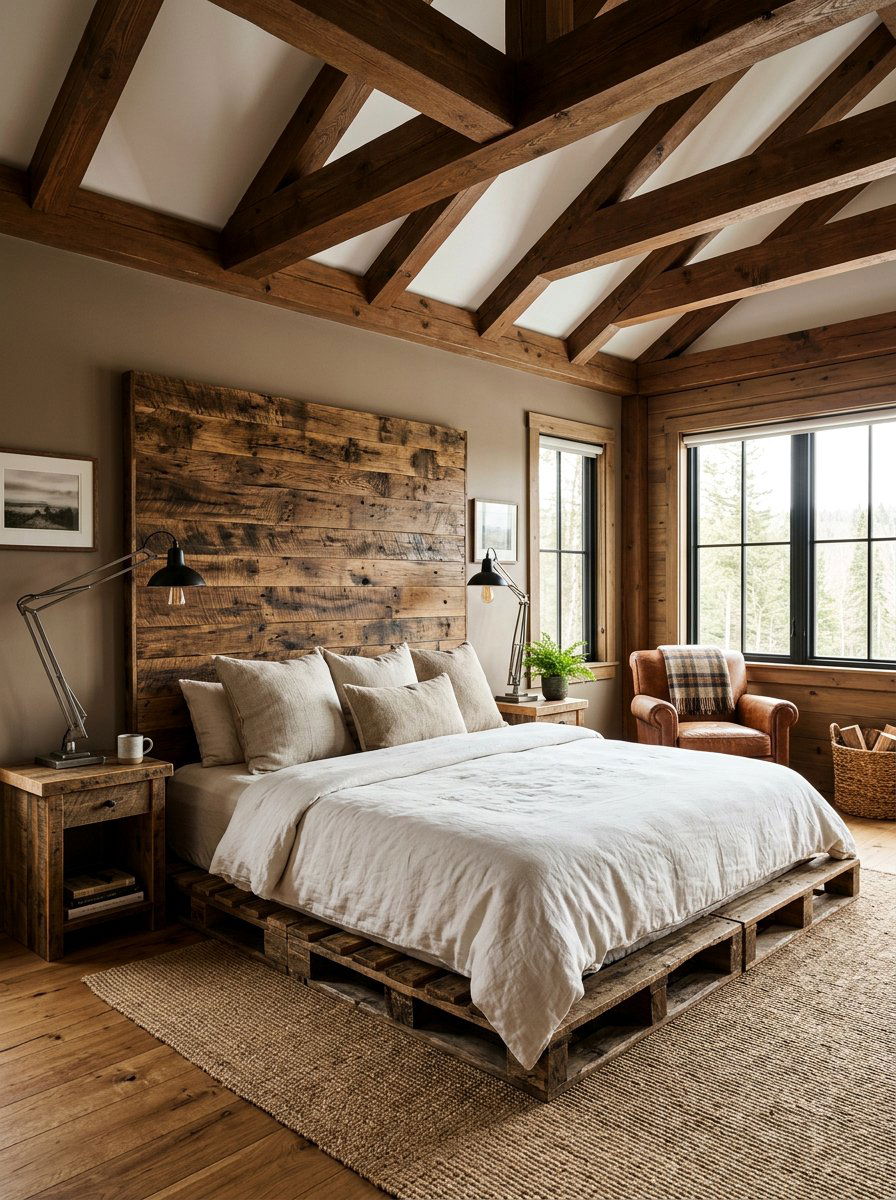 Pallet bed with large wood headboard - 25 Pallet bed ideas for master bedroom
