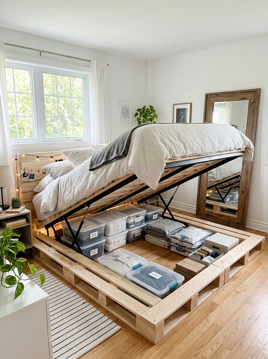 Pallet bed with lift up storage - 25 Pallet storage bed frame ideas