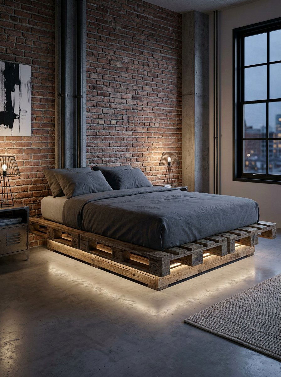 Pallet bed with lights - 25 Industrial pallet bed ideas