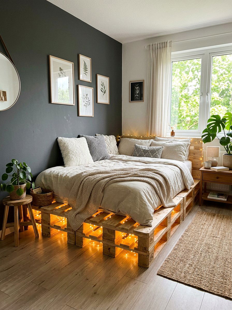 Pallet bed with lights - 25 Twin pallet bed ideas