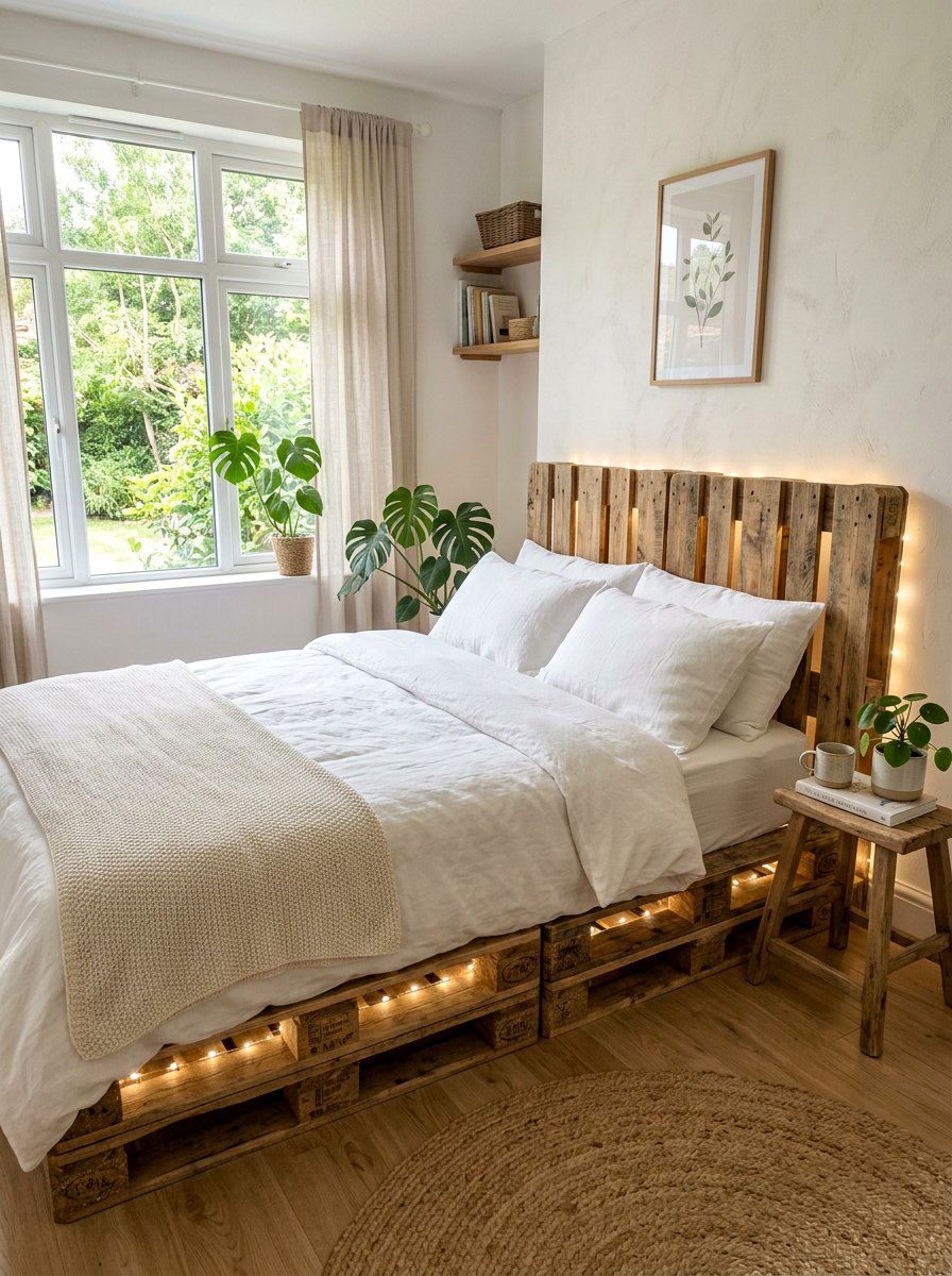 Pallet bed with lights - 25 Double pallet bed ideas
