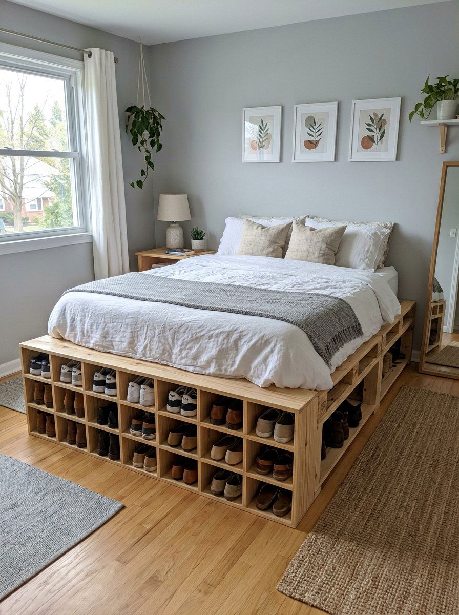 Pallet bed with shoe storage - 25 Pallet storage bed frame ideas