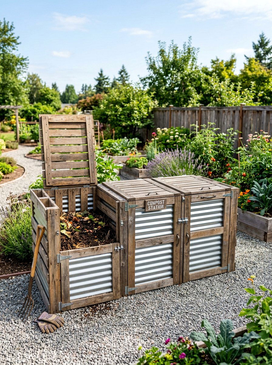 Pallet bin with corrugated metal - 25 Pallet Compost Bin Ideas