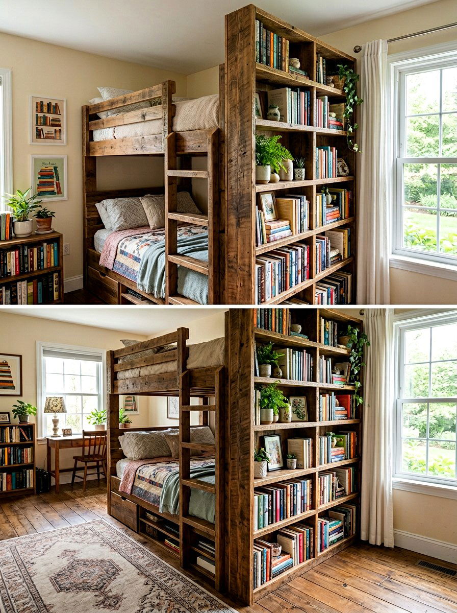 Pallet bunk bed with bookcase - 25 Pallet bunk bed ideas