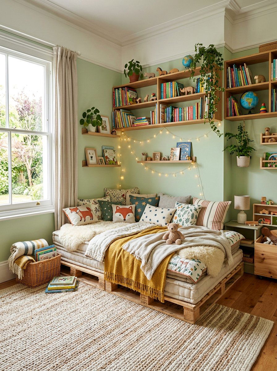 Pallet daybed kids reading nook - 25 Pallet Bed ideas for Kids