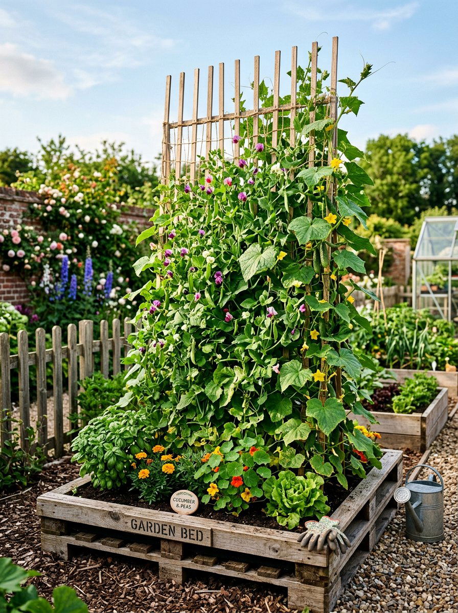 Pallet garden bed with trellis - 25 Pallet Raised Garden Bed Ideas