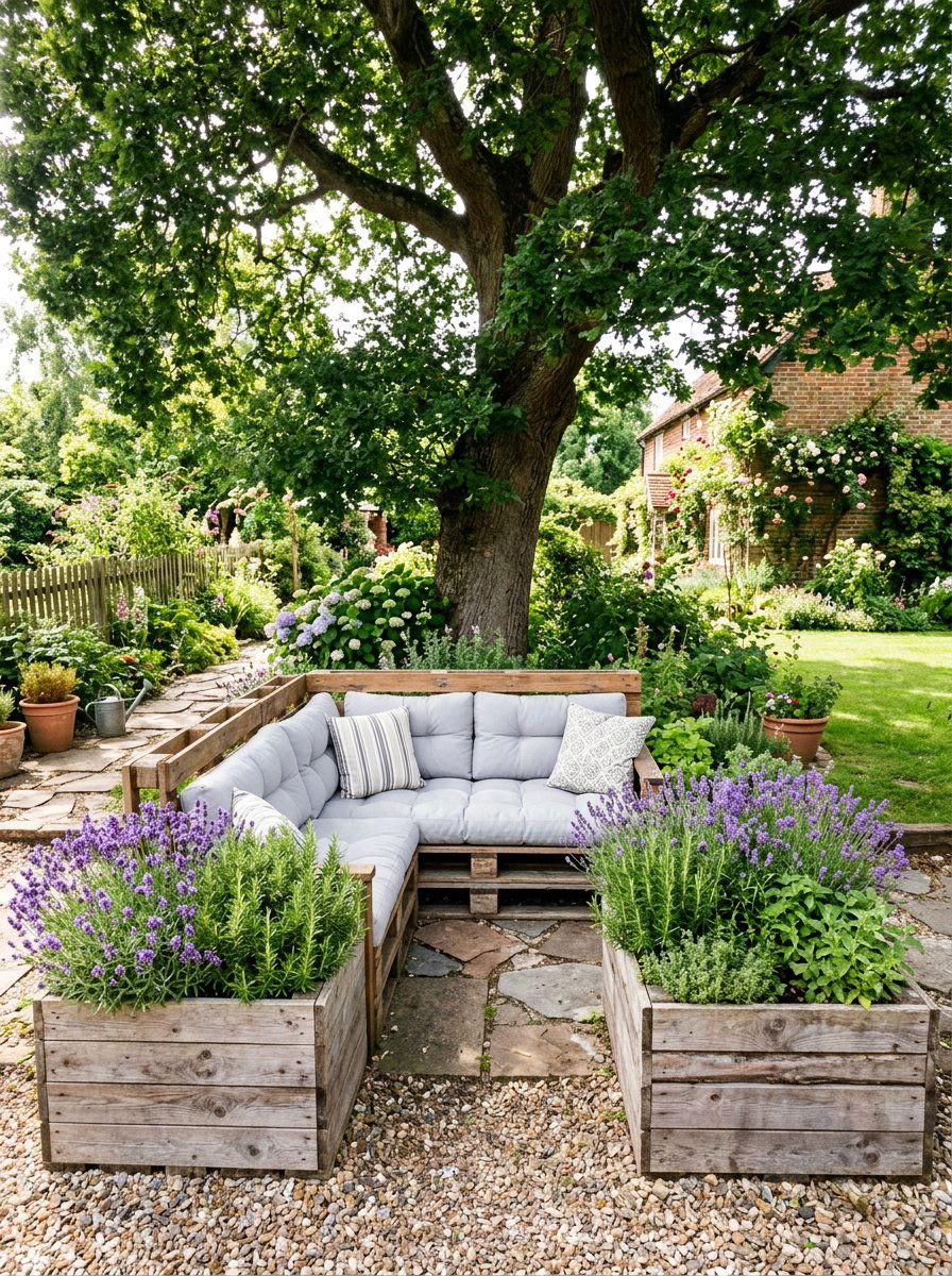 Pallet garden with integrated seating - 25 Pallet Raised Garden Bed Ideas