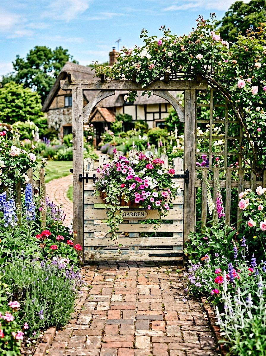 Pallet gate with flower box - 25 Pallet Garden Gate Ideas