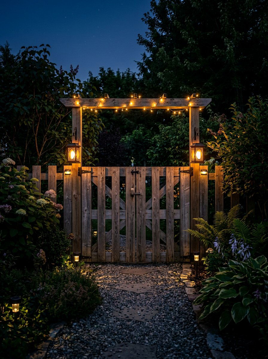 Pallet gate with solar lights - 25 Pallet Garden Gate Ideas