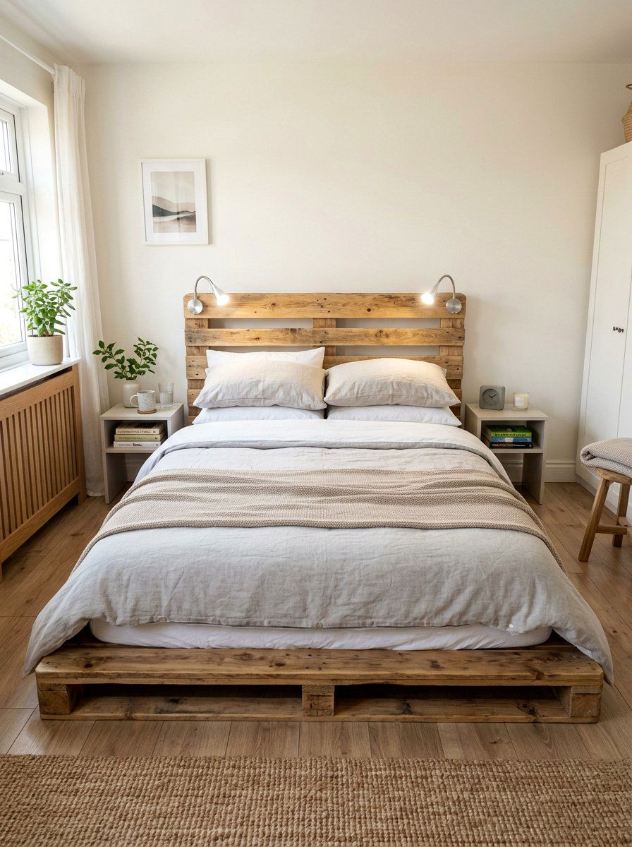 Pallet headboard reading light - 25 Lighted pallet bed frame ideas