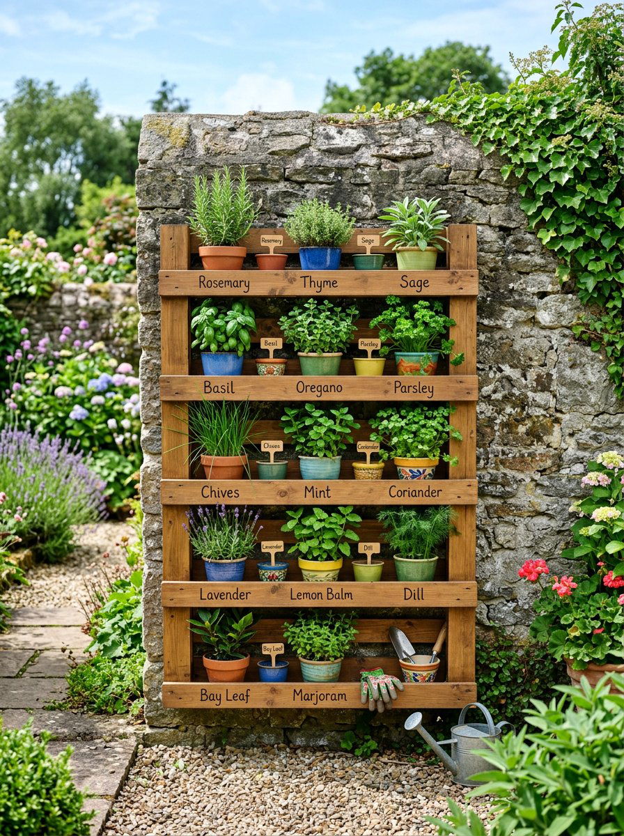 Pallet herb garden with shelves - 25 Pallet Vertical Herb Garden Ideas