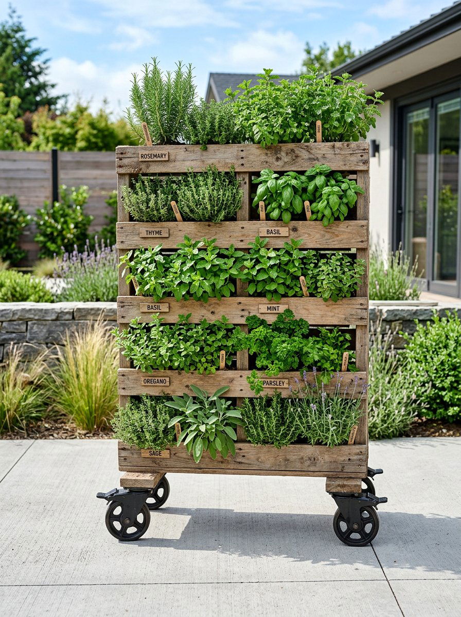Pallet herb garden with wheels - 25 Pallet Vertical Herb Garden Ideas