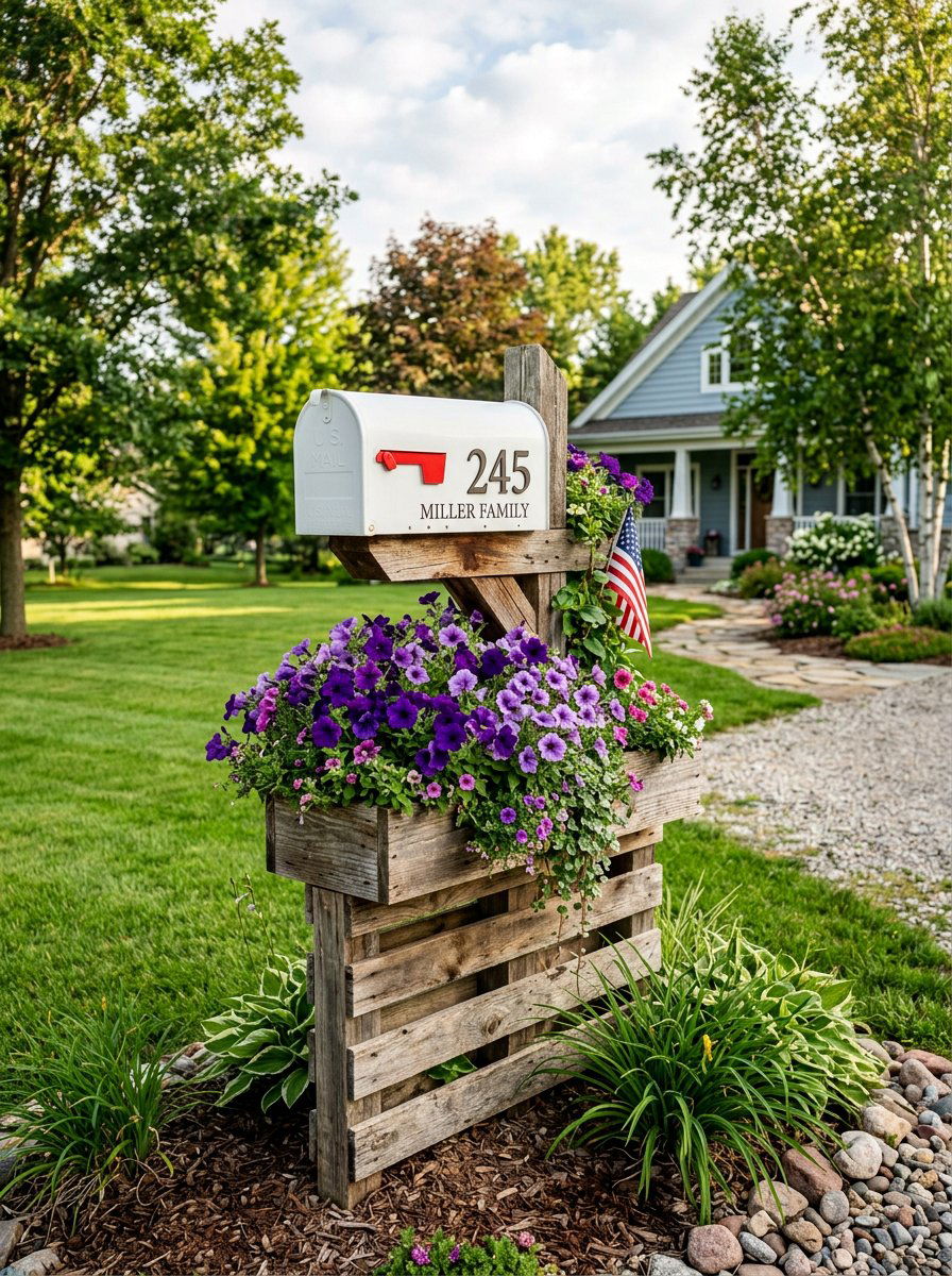 Pallet mailbox post with flower planter - 25 Pallet Mailbox Post Ideas