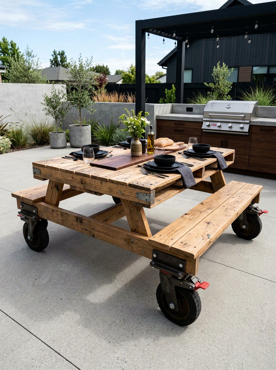 Pallet picnic table on wheels - 25 Pallet Picnic Table Ideas