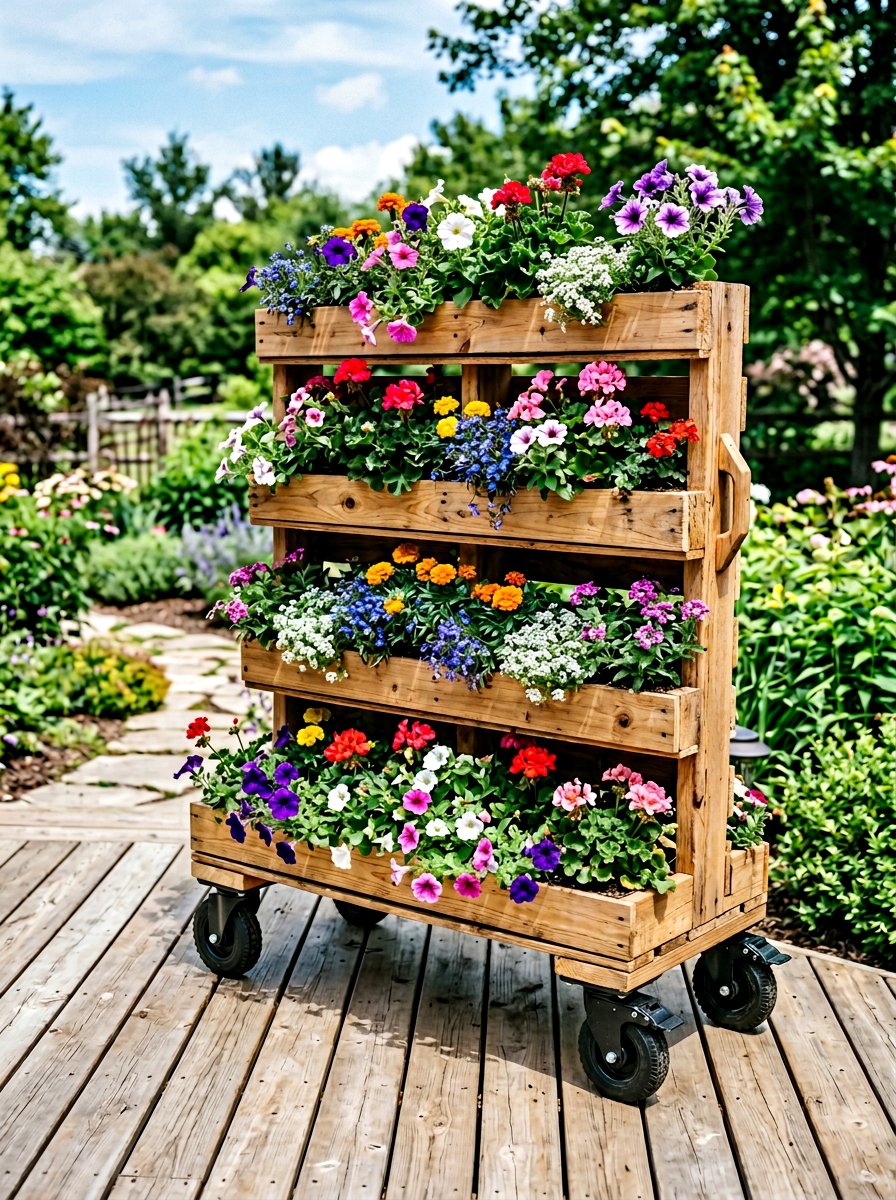 Pallet planter on wheels - 25 Pallet Tiered Planter Ideas