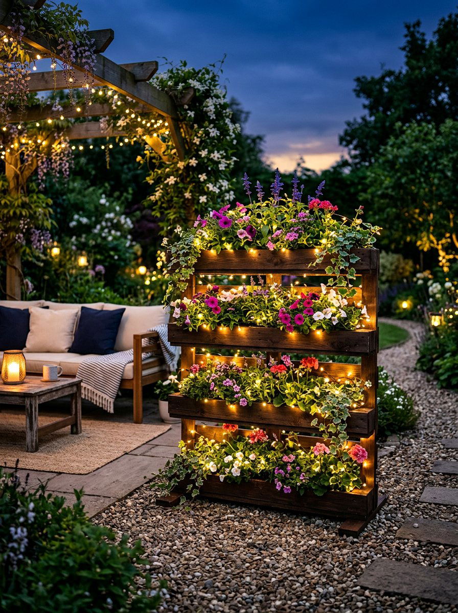 Pallet planter with lights - 25 Pallet Tiered Planter Ideas