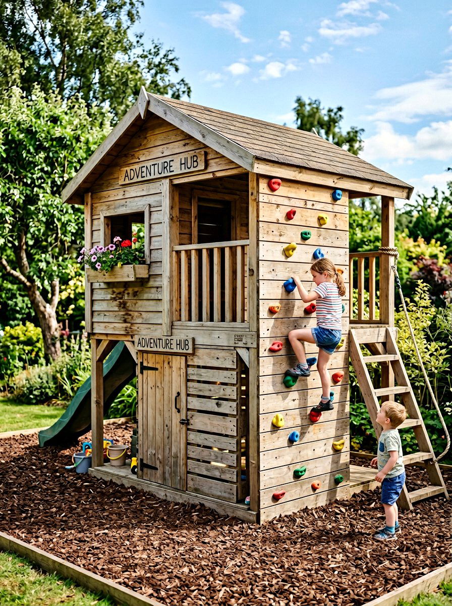 Pallet playhouse with climbing wall - 25 Pallet Playhouse for Kids Ideas