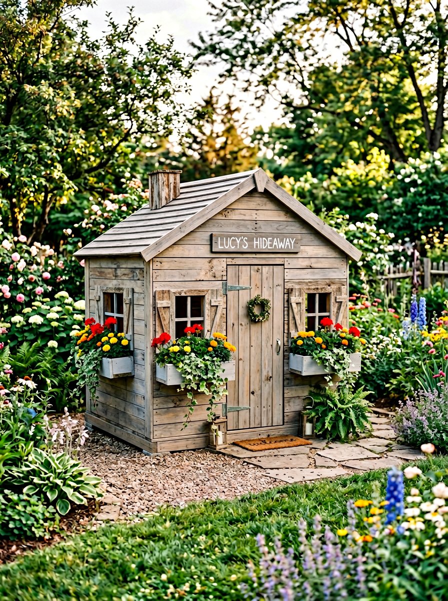 Pallet playhouse with flower box - 25 Pallet Playhouse for Kids Ideas