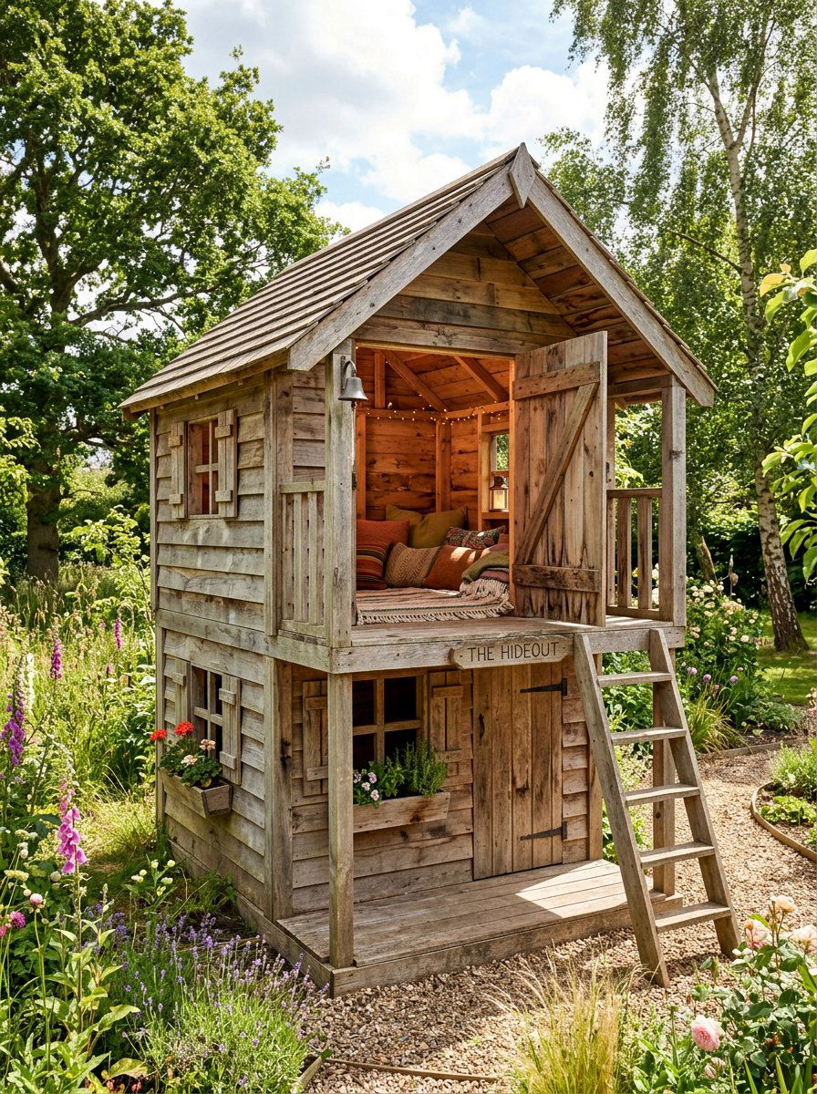 Pallet playhouse with loft - 25 Pallet Playhouse for Kids Ideas